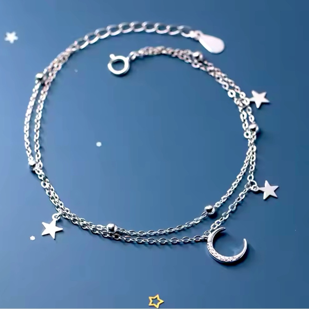925 Sterling Silver Celestial “Moon and Stars” Zircon Diamond Bracelet